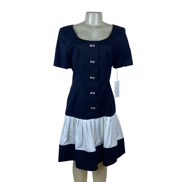 Ann Lawrence Today Black & White Short Sleeve Button Front Dress Sz 12 - New - Picture 1 of 10